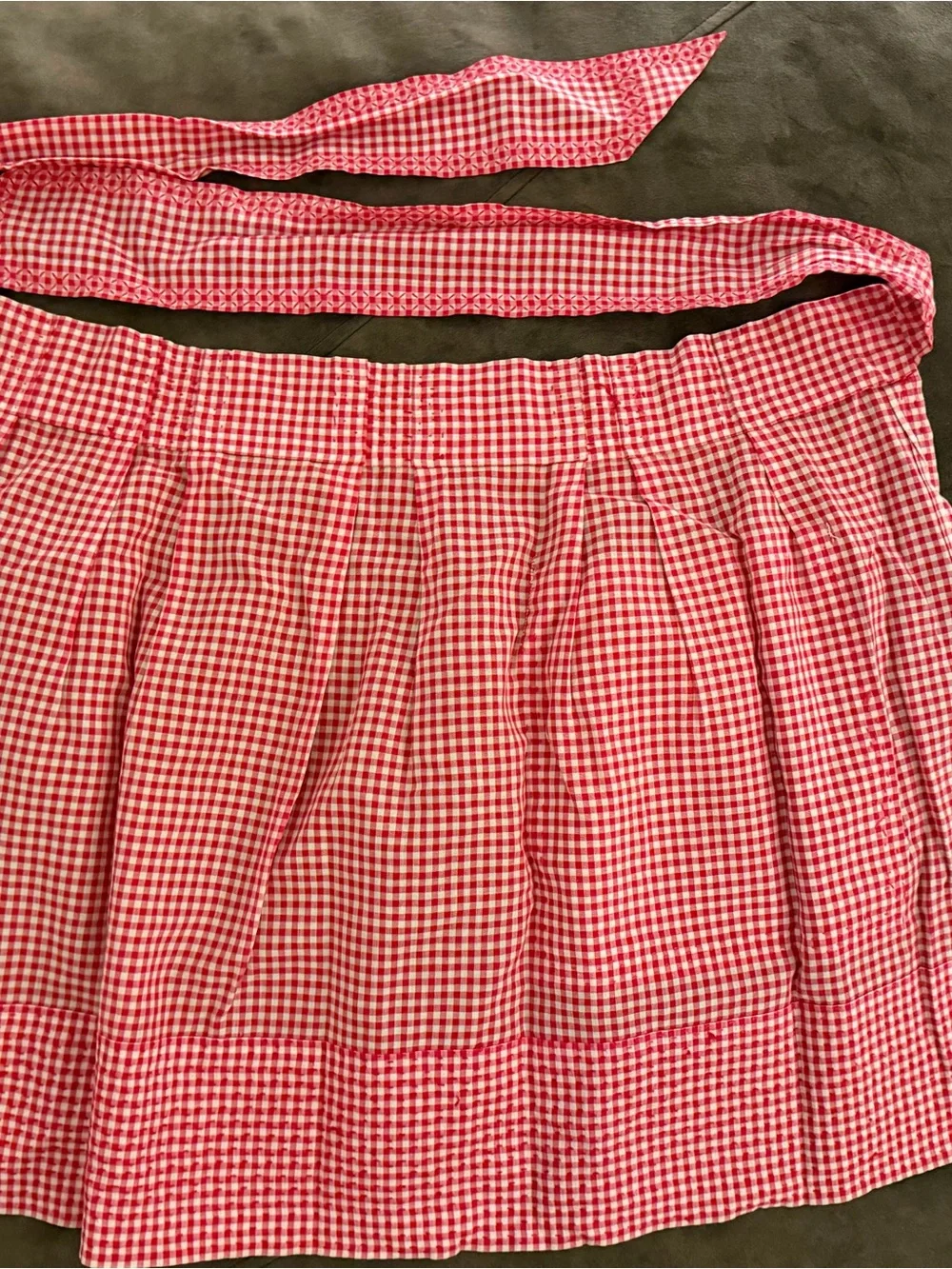 Hand smocked embroidery detail red & white Gingham Apron